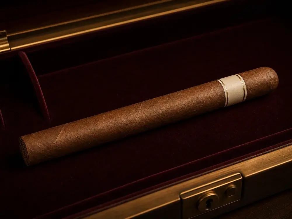 Cigarro Churchill largo en una gaveta de humidor forrada en terciopelo