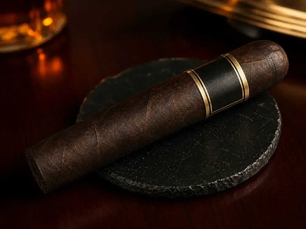 Cigarro oscuro estilo maduro sobre posavasos de piedra negra