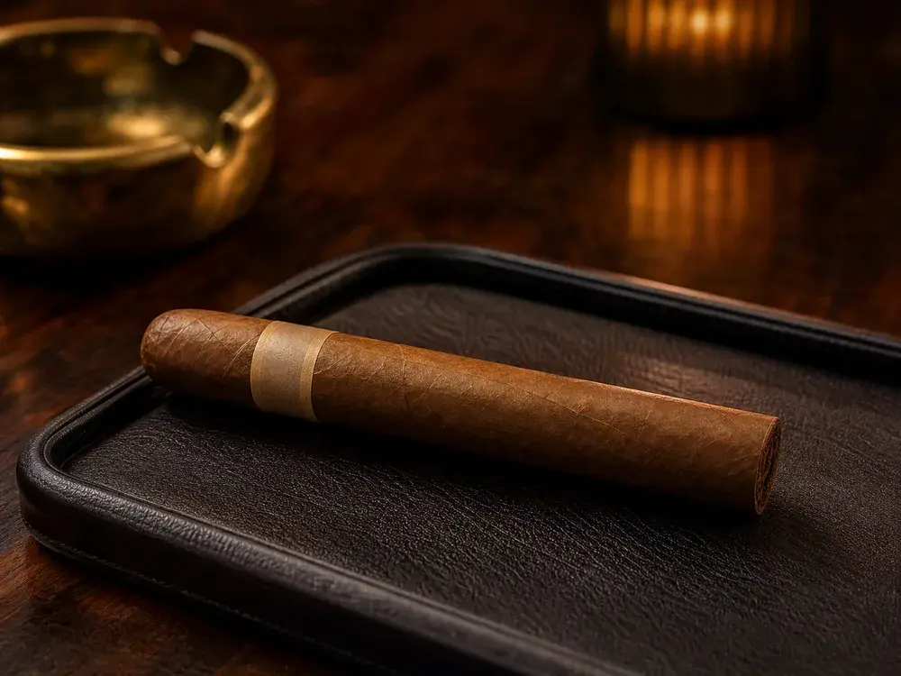 Cigarro de cuerpo medio sobre bandeja de cuero con luz cálida de bar