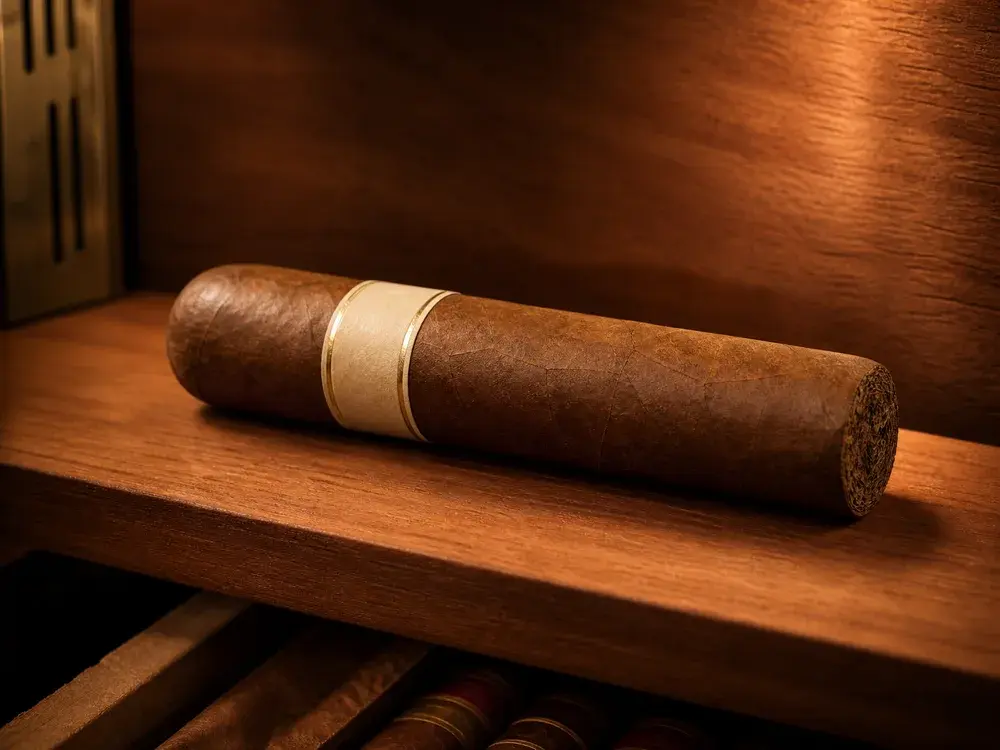 Cigarro Robusto corto sobre una repisa de humidor de cedro