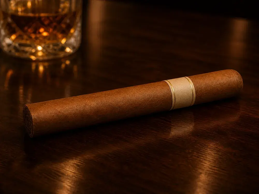 Cigarro Toro sobre una barra de madera pulida con reflejos cálidos